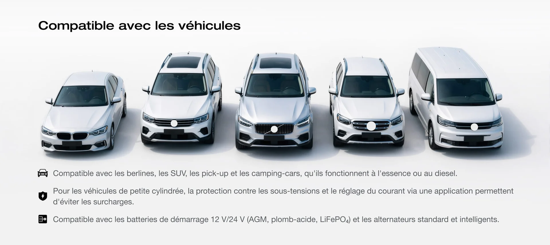 Compatibilité universelle avec les batteries de véhicule et les stations d'alimentation